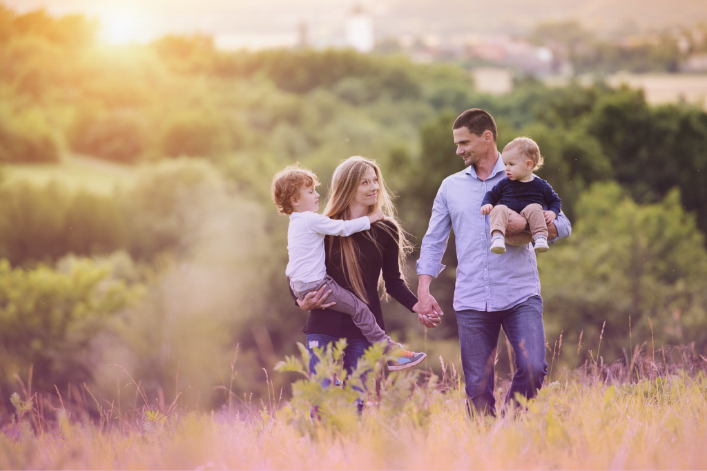 A happy blended family laughin