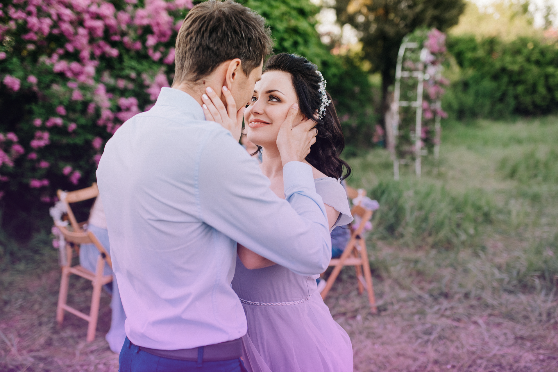 couple in love looking at each other feeling secure about their future with a prenup