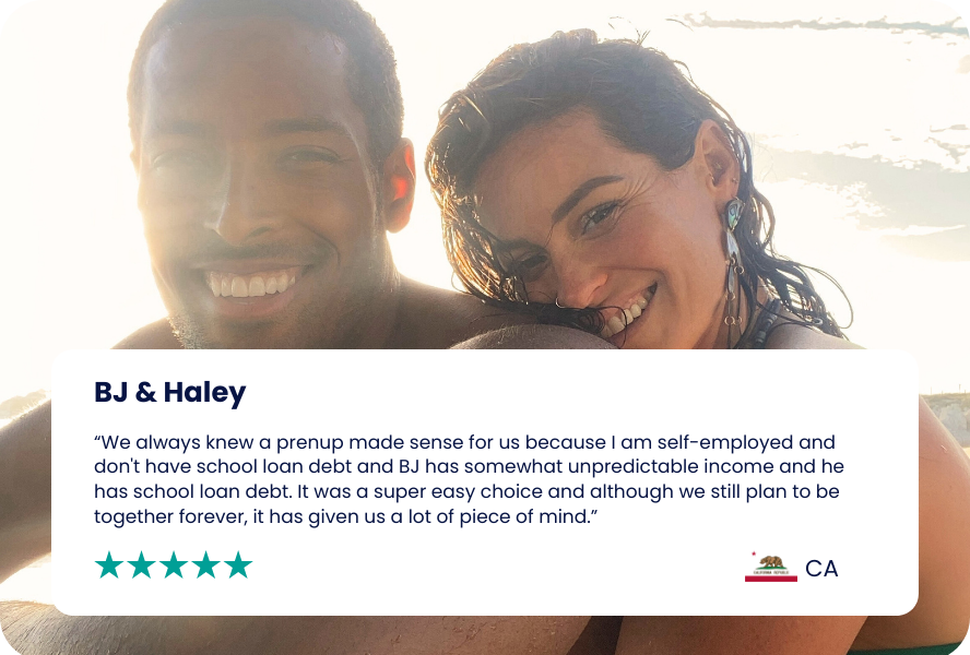 Happy helloprenup couple hugging and giving a review about their experience