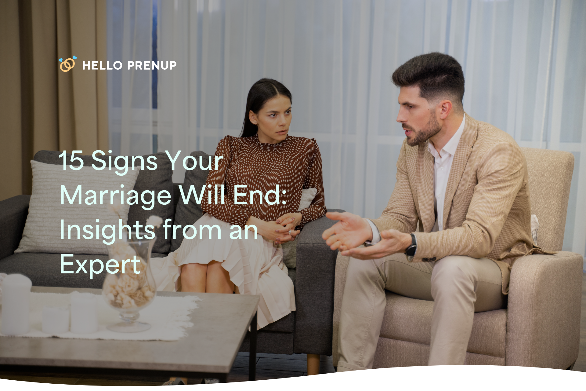 A concerned couple sitting on a couch and talking seriously, possibly discussing potential problems in their marriage.