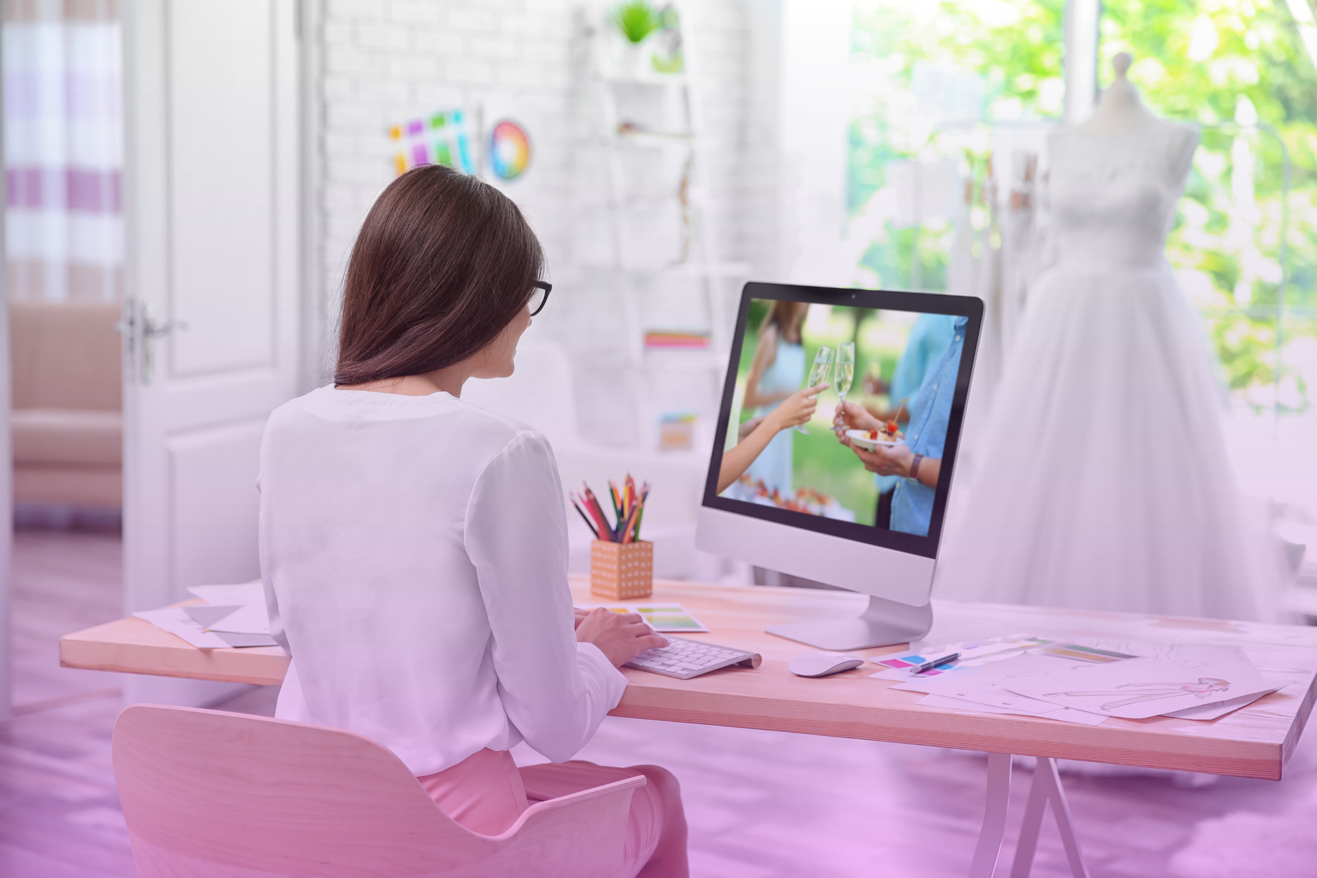 A bride in a video call, preparing for her upcoming online wedding, radiating joy and anticipation.
