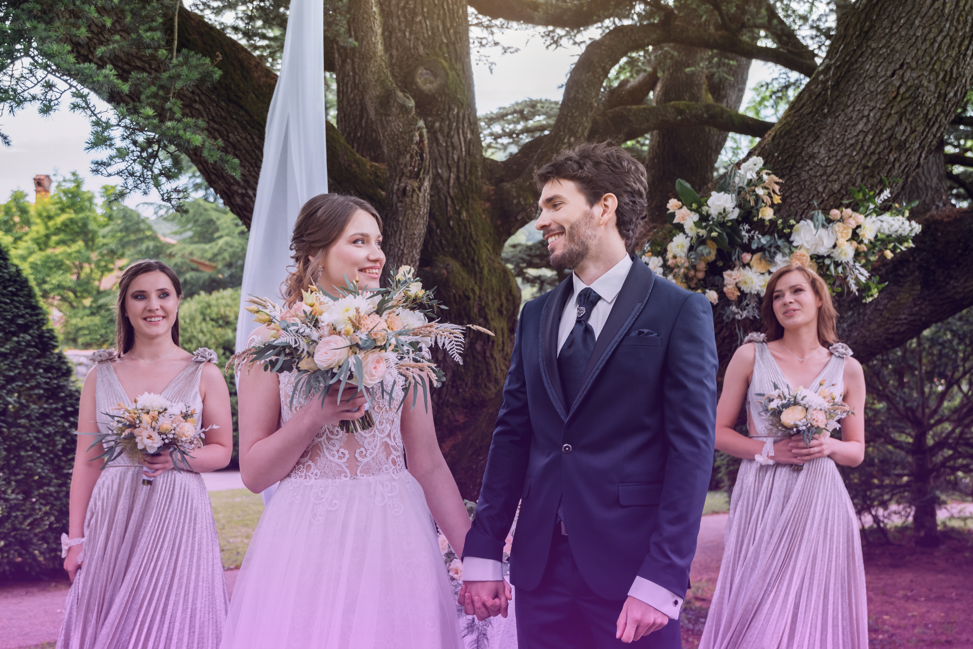 A happy couple on their wedding day, smiling brightly and sharing a heartfelt moment filled with love and joy.