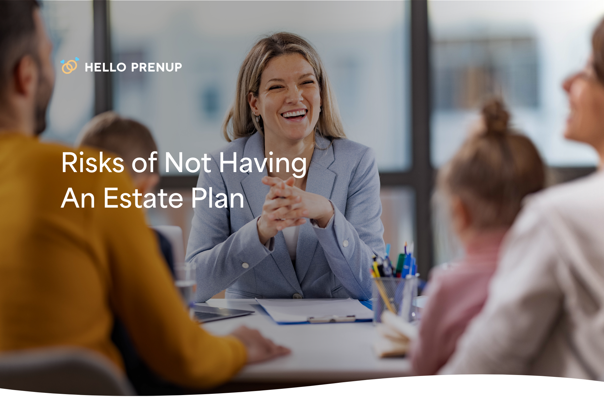 A lawyer gestures while explaining the legal and financial risks of not having an estate plan to a client.
