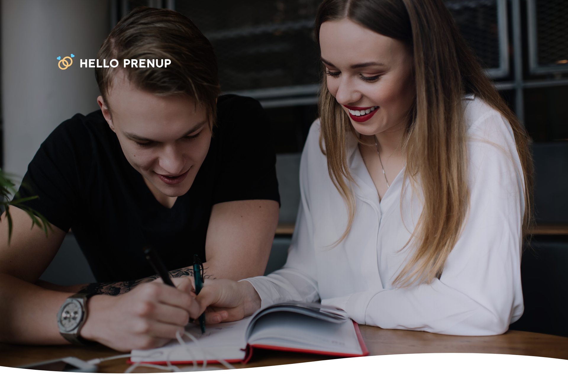 Married couple reviewing and drafting their postnuptial agreement together.