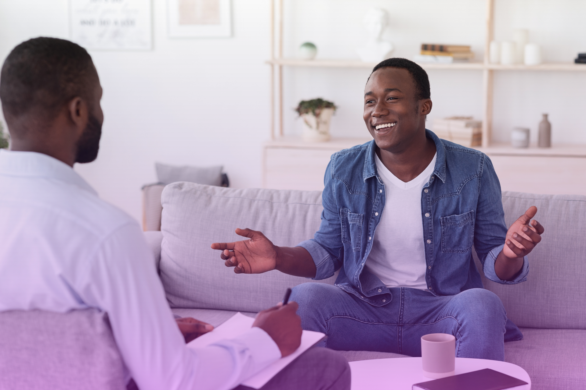 A groom discussing pre-wedding nerves with a therapist