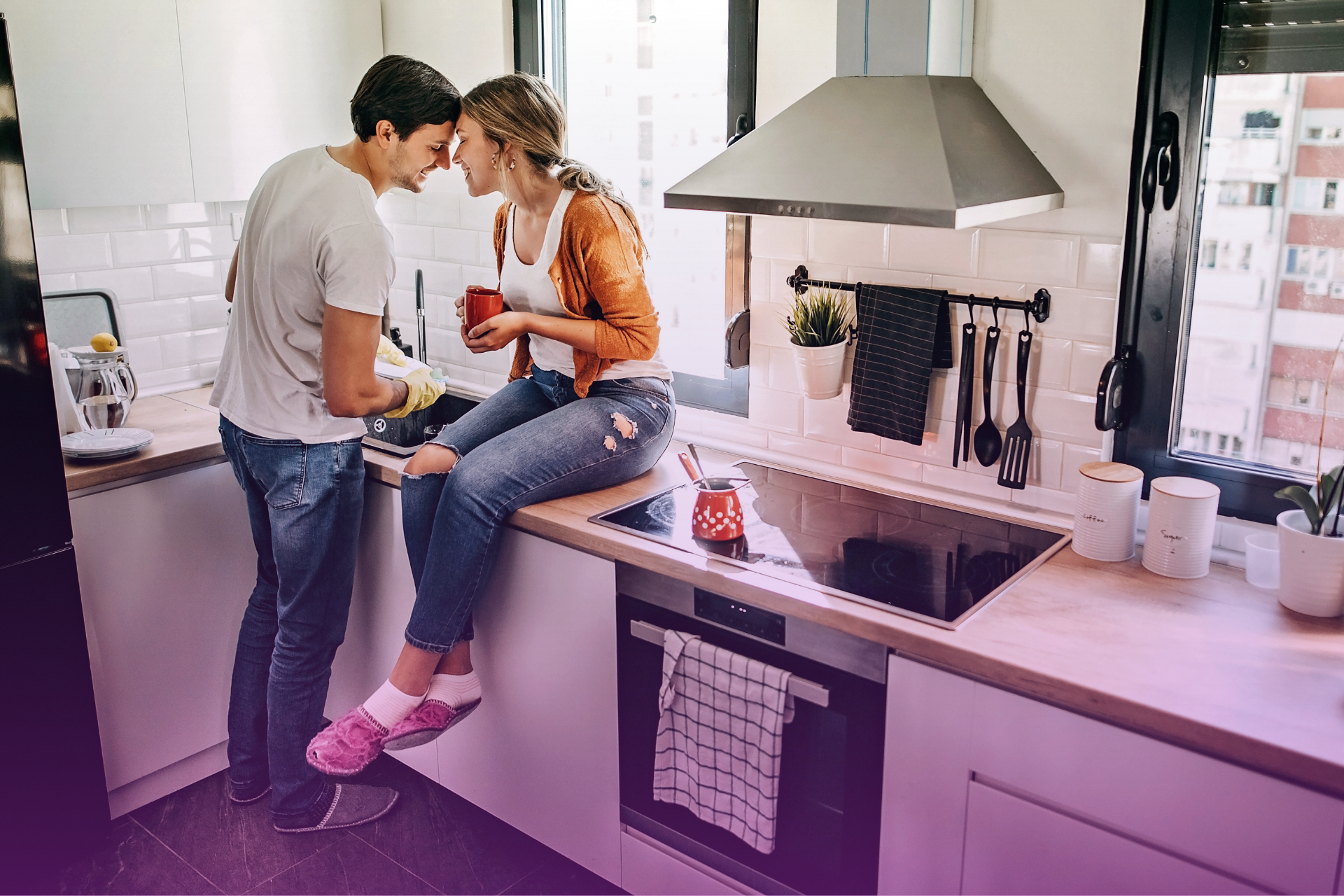 A husband and wife discussing finances at the kitchen table