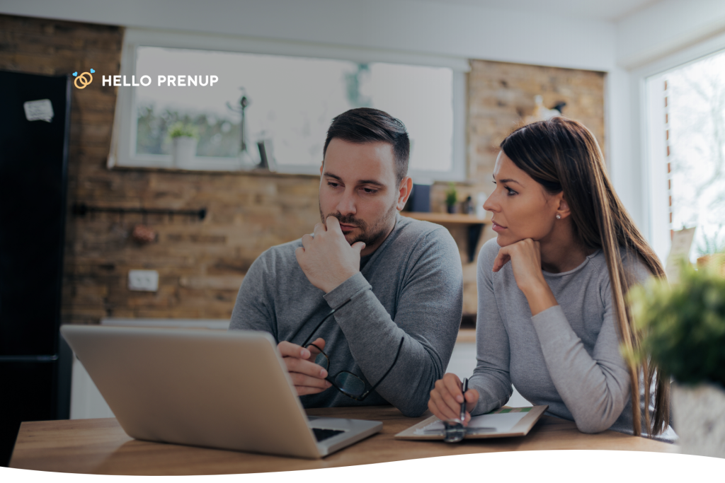 Engaged couple reviewing the cost of a prenuptial agreement in Indiana