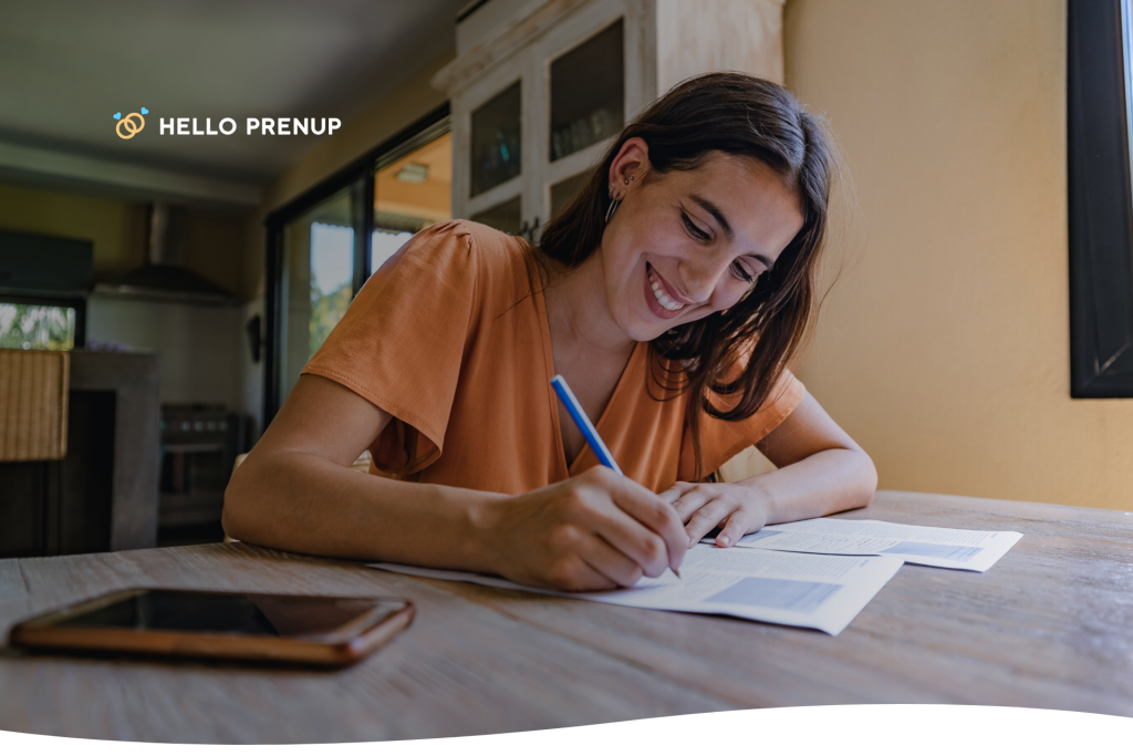 Illinois woman signing legal documents for her prenuptial agreement