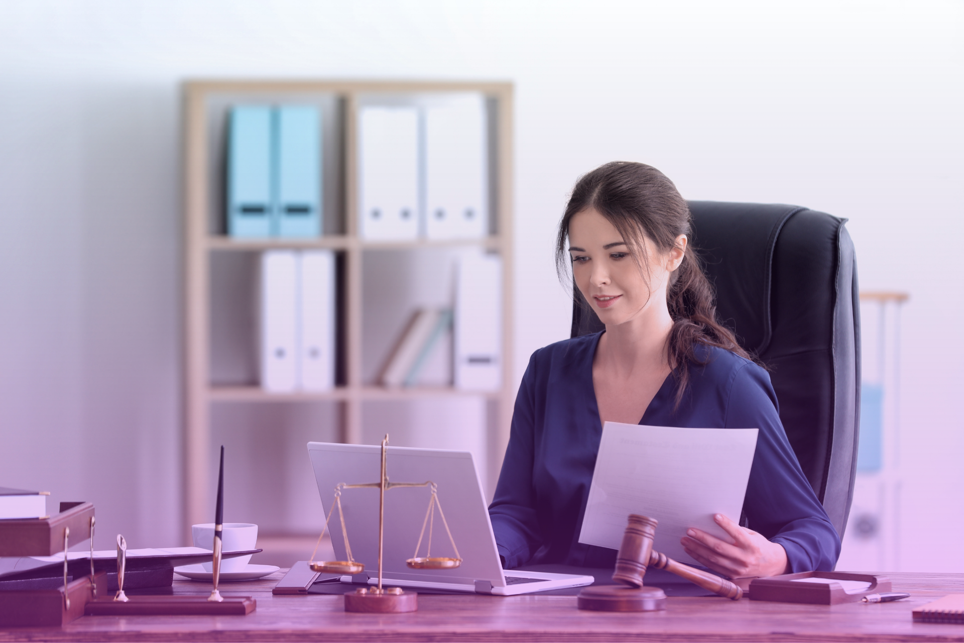 Wyoming courthouse with legal documents and scales of justice