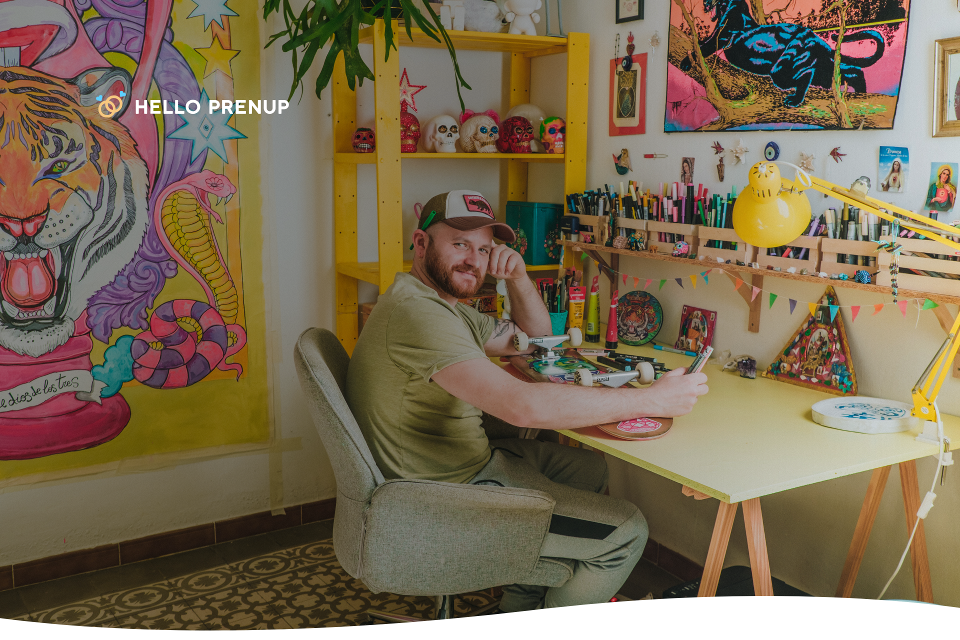 An artist's studio with various artworks and tools, representing creative intellectual property.