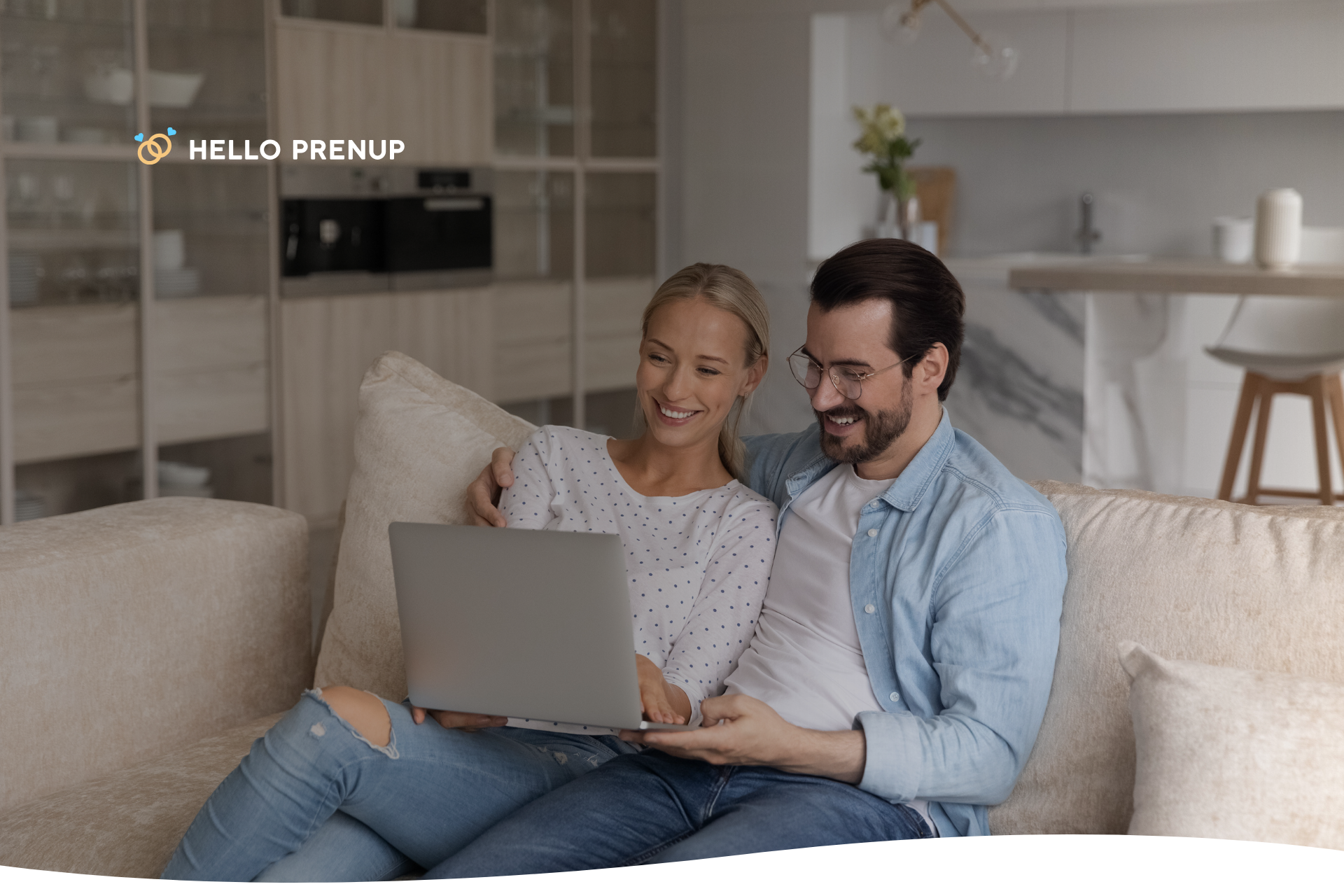 A couple comfortably working on a laptop together at home, symbolizing the convenience of online services.