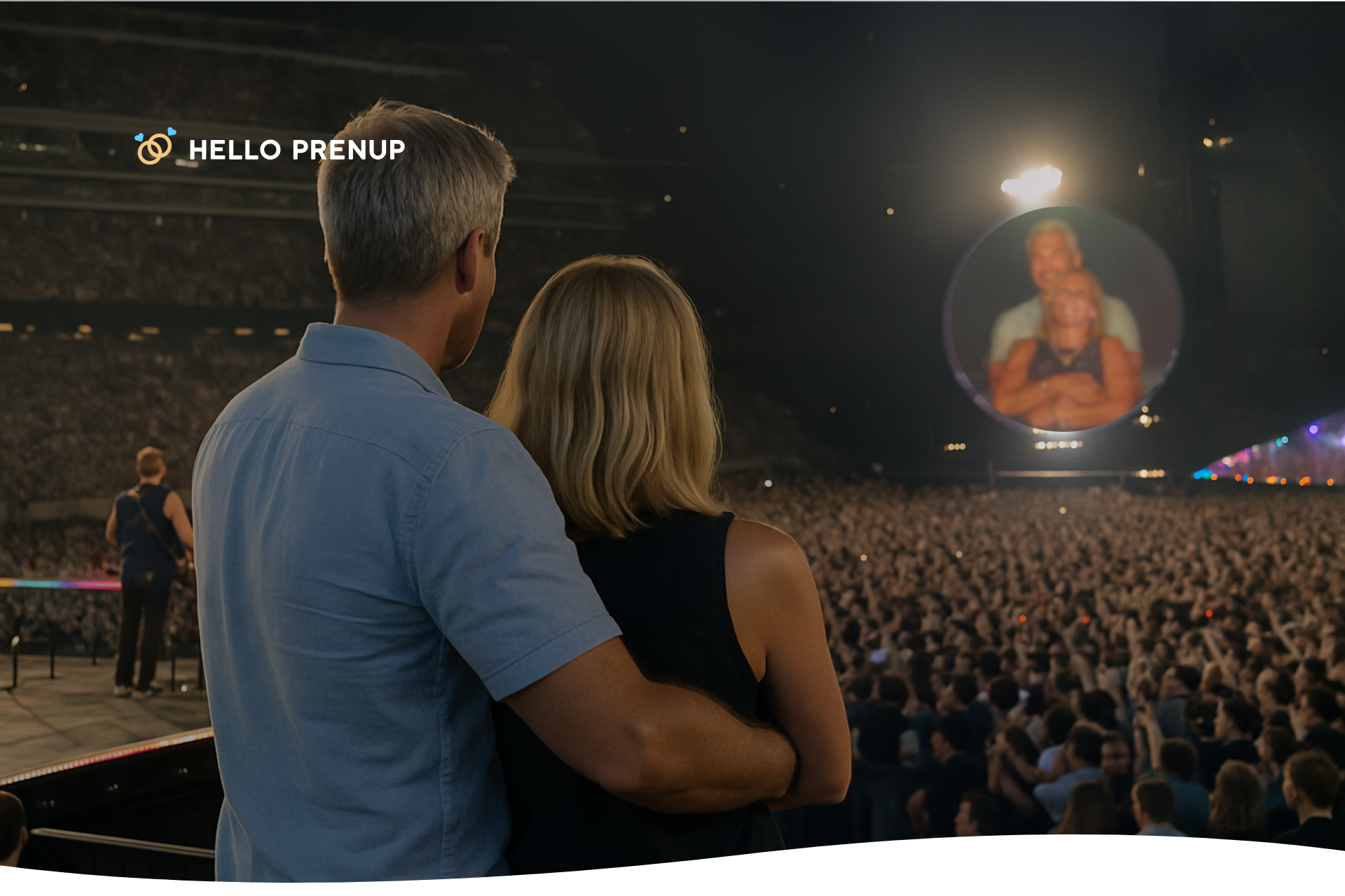 A covert photo captures a male CEO and a female HR leader from the same company engaged in a romantic embrace during a Coldplay concert, suggesting an illicit affair. The vibrant concert lights illuminate their faces, highlighting the tension and secrecy of the moment.