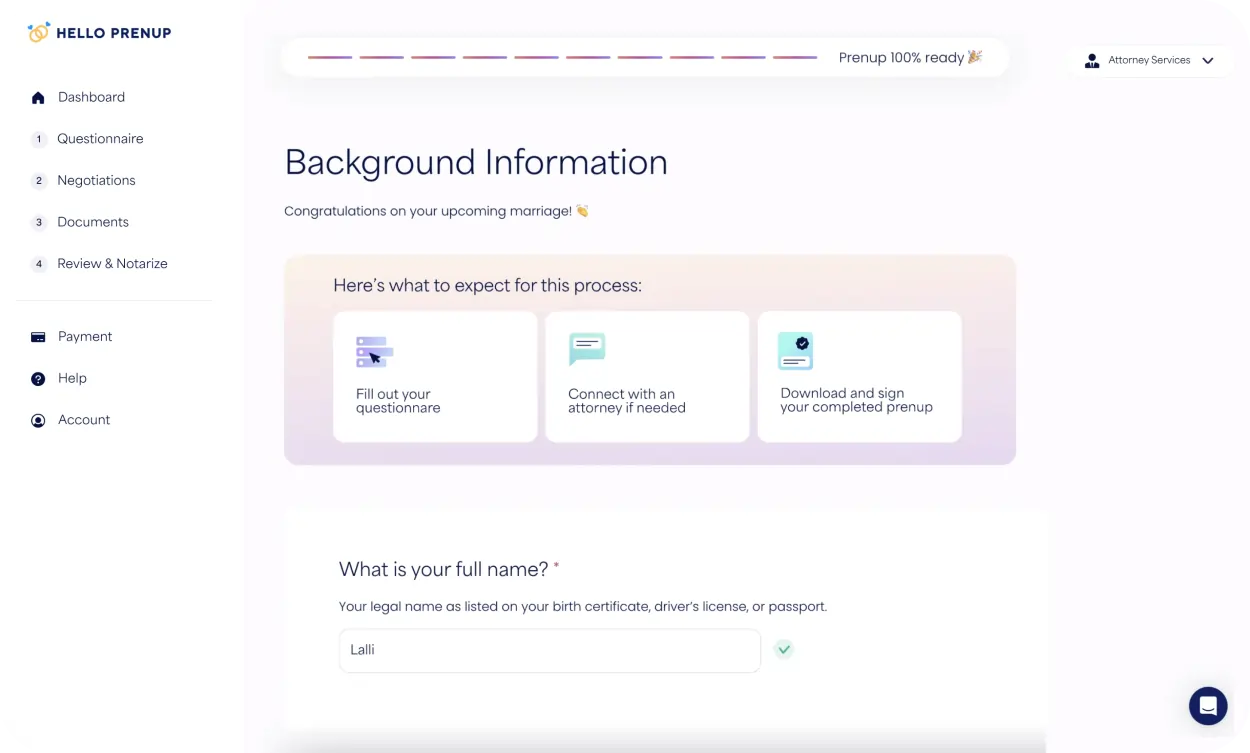 Prenup Step 1 Fill Out Questions Image