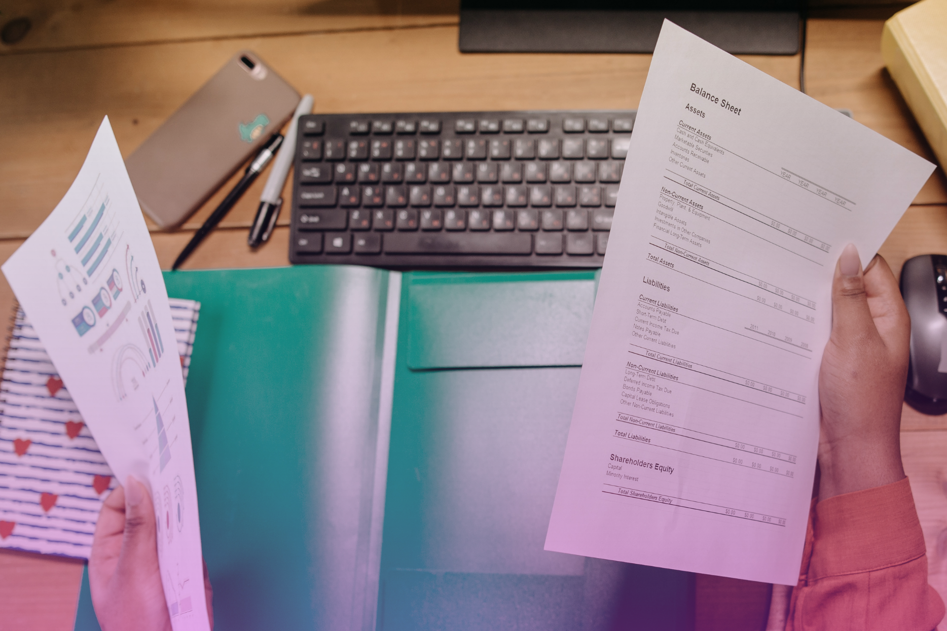 A person looking anxious while reviewing numerous financial statements and bills, representing the uncertainty of asset division without a prenup.