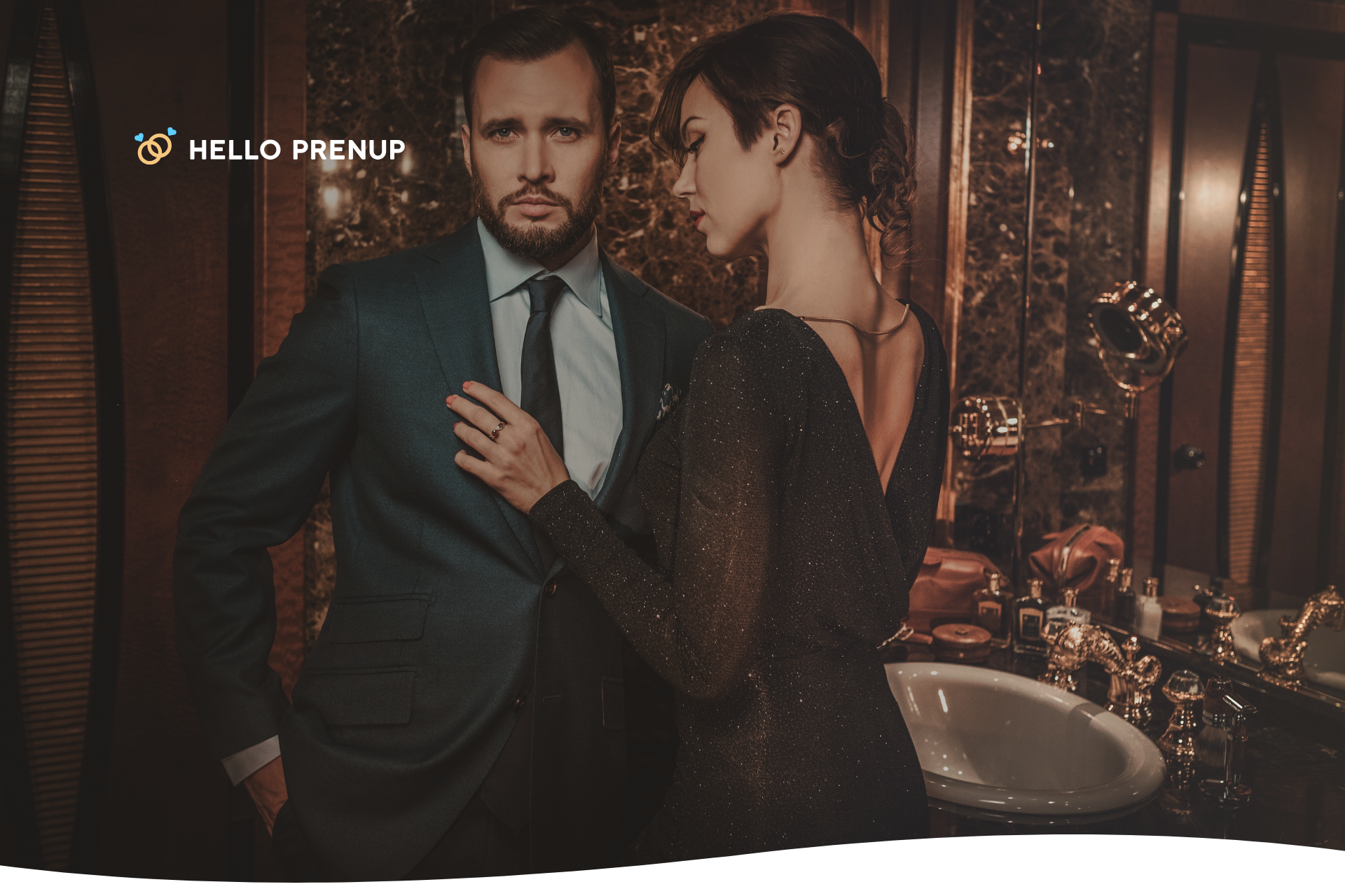 A glamorous celebrity couple in a tuxedo and gown, symbolizing the high-profile nature of their prenups.