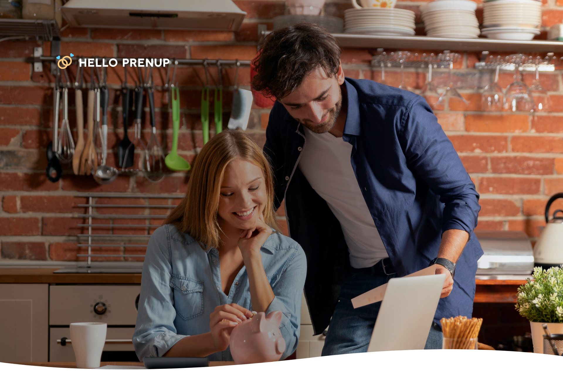 Engaged couple discussing finances at home with a laptop and coffee.