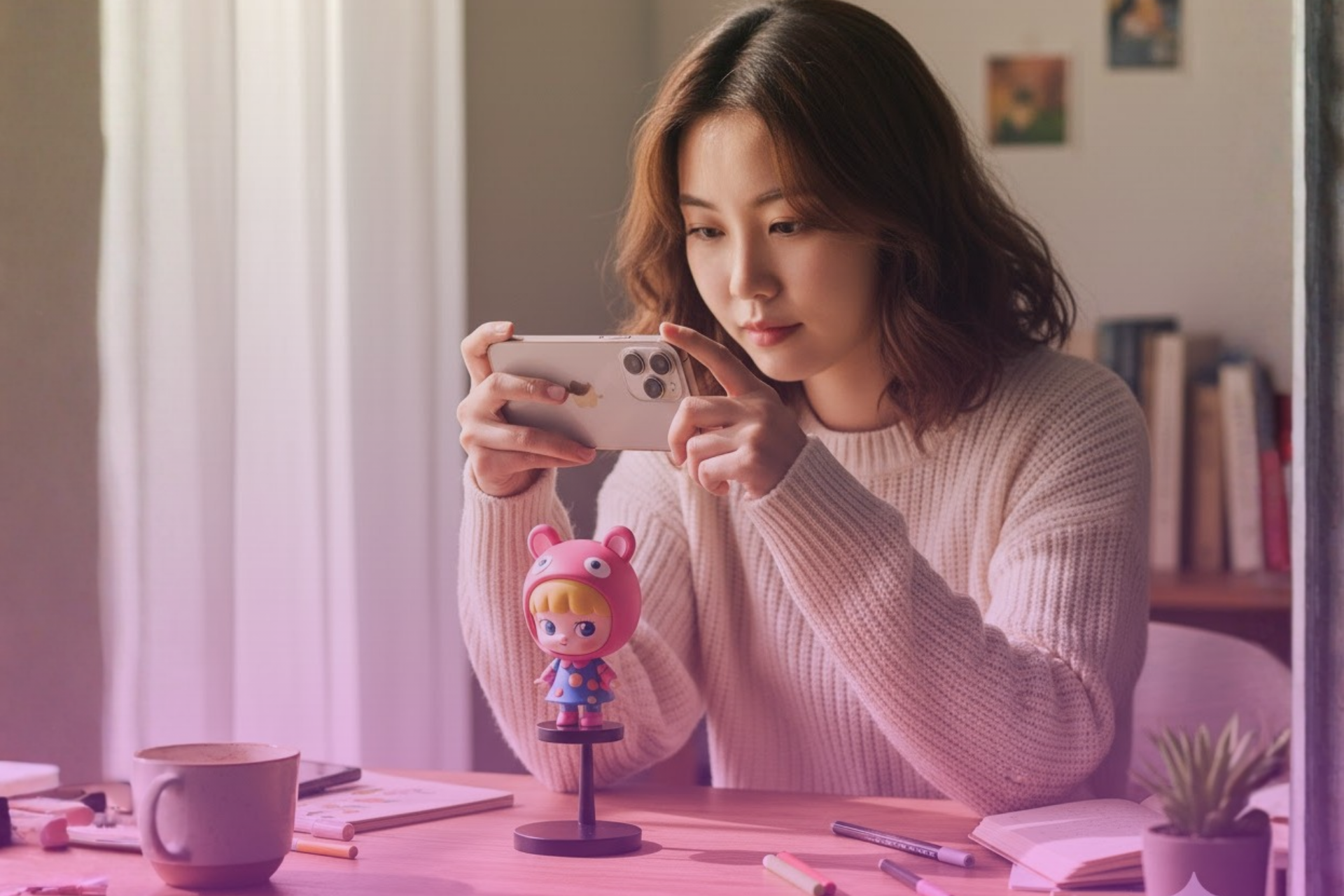 Close-up of a person taking a photo of a row of Labubu blind-box figurines for a collectible inventory.