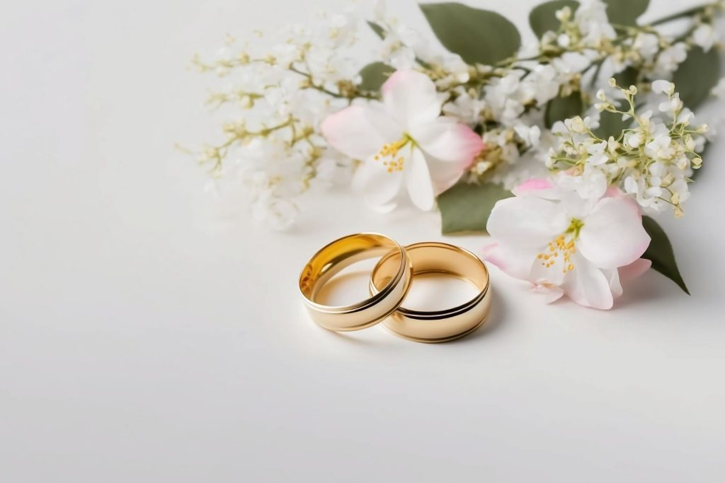 Two gold wedding rings placed on a clean white background, symbolizing love, commitment, and marriage.