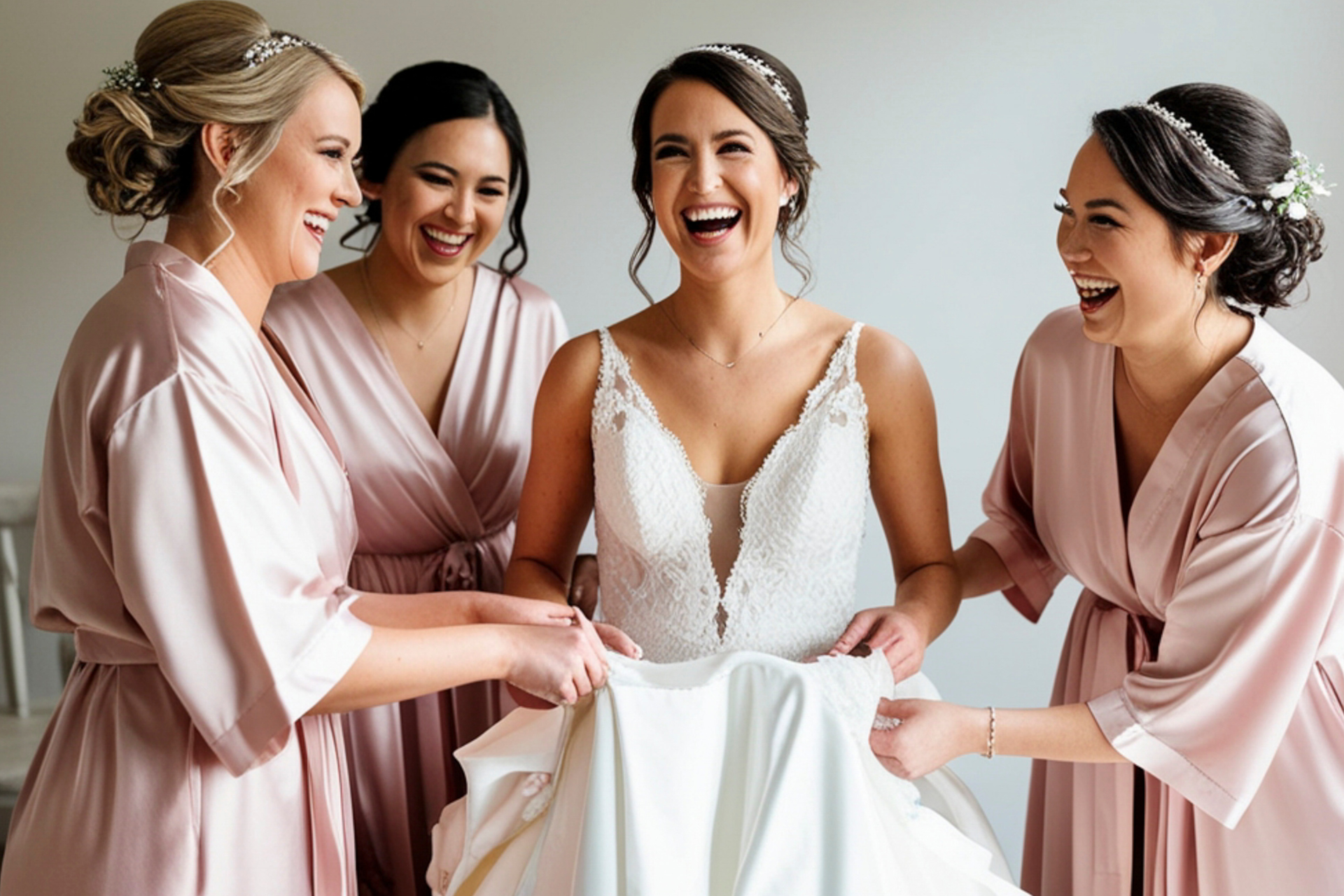 A smiling bride as her bridesmaids help her get ready for the wedding, all sharing a joyful and celebratory moment together
