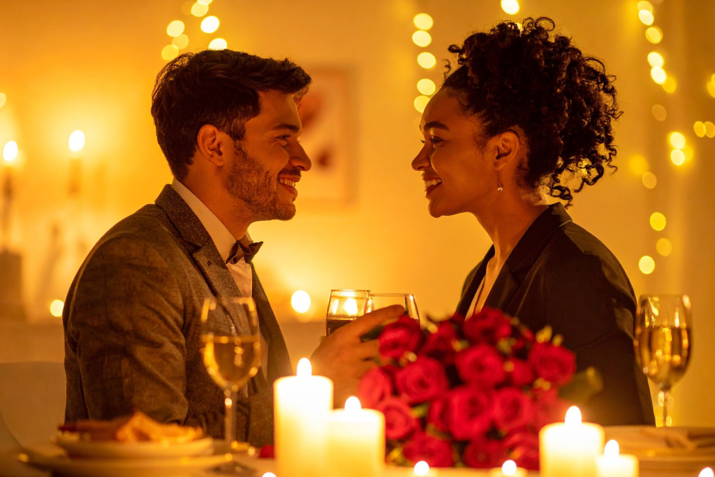 A smiling couple gazing into each other’s eyes while holding glasses of wine, celebrating Valentine’s Day with love and intimacy