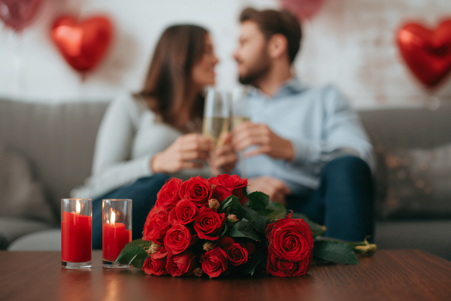 Romantic Valentine’s Day couple with roses and heart balloons A red rose in the foreground with a couple in the background celebrating Valentine’s Day, surrounded by heart-shaped balloons and romantic decorations