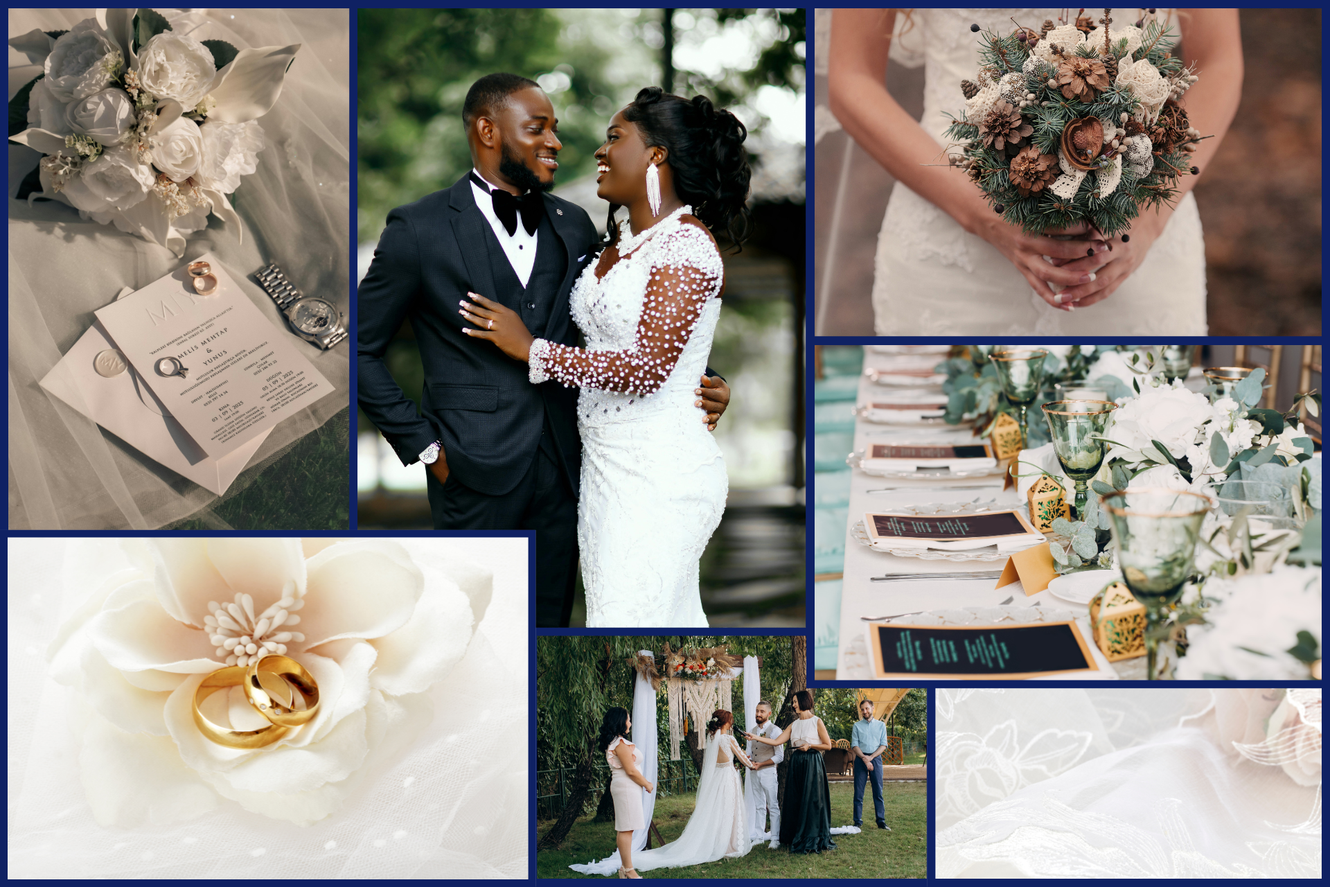 Wedding planning collage with rings, invitations, and venue A collage of wedding-related images including engagement rings, invitations, bridal dresses, reception venues, and other wedding planning details arranged together