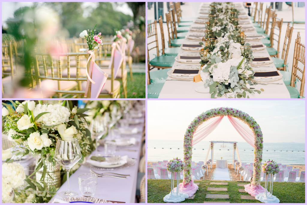 A collage of wedding venue ideas and decorative elements, featuring styled ceremony spaces, reception setups, floral arrangements, and table decor inspiration