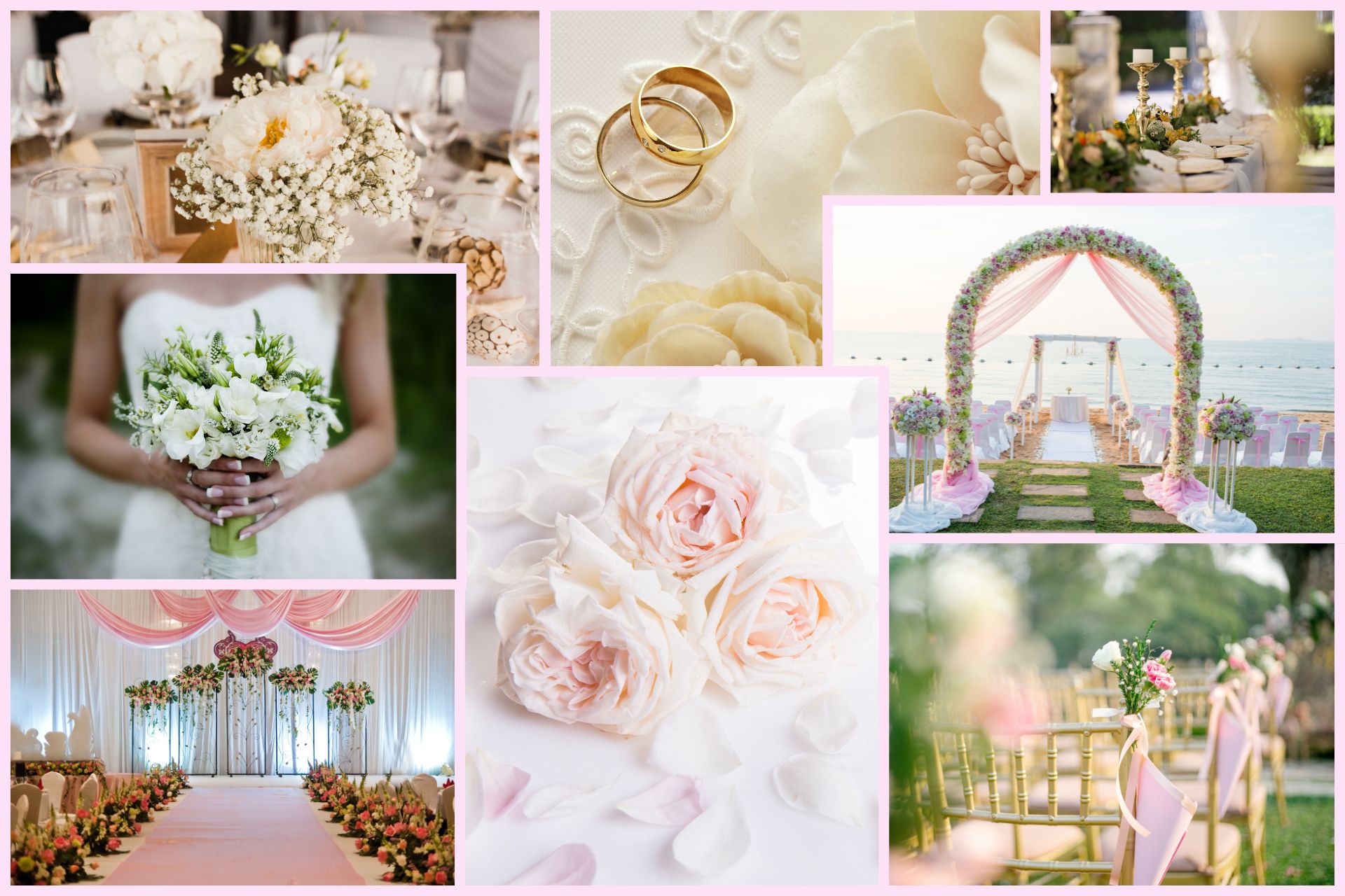 A collage of wedding inspiration images featuring floral arrangements, table settings, decorative details, and styled ceremony elements