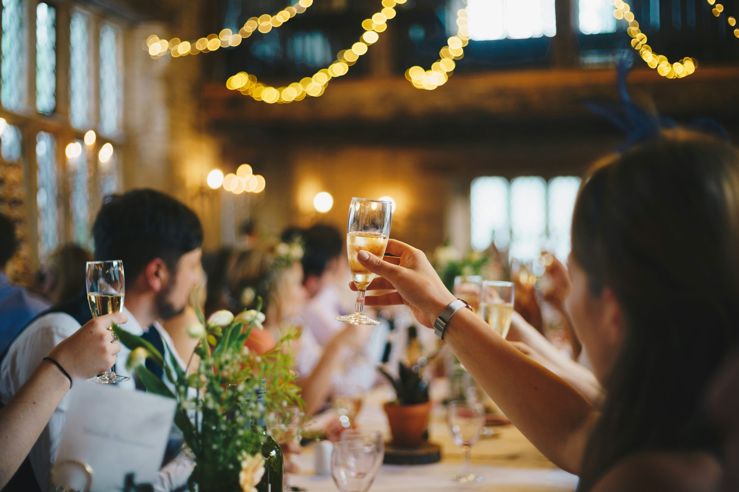 Guests raising their drinks in a toast at a wedding reception, with the celebration and party visible in the background