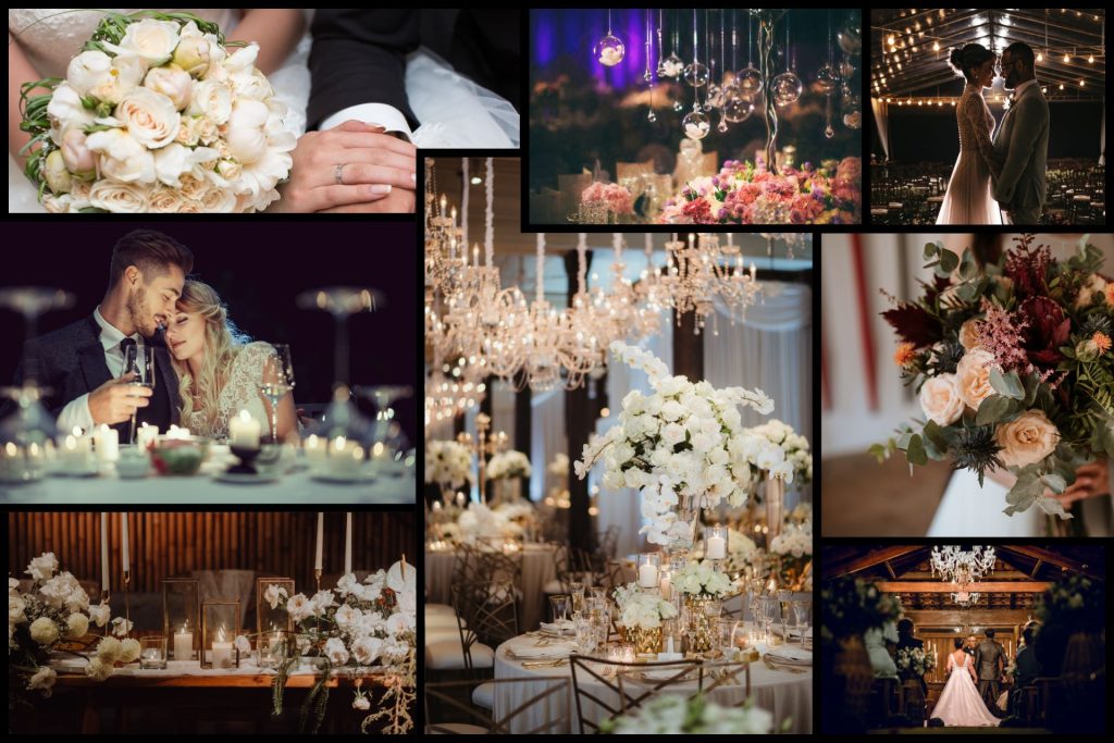 A collage of wedding ideas featuring venues, floral arrangements, table decor, invitations, and styling inspiration for planning a wedding