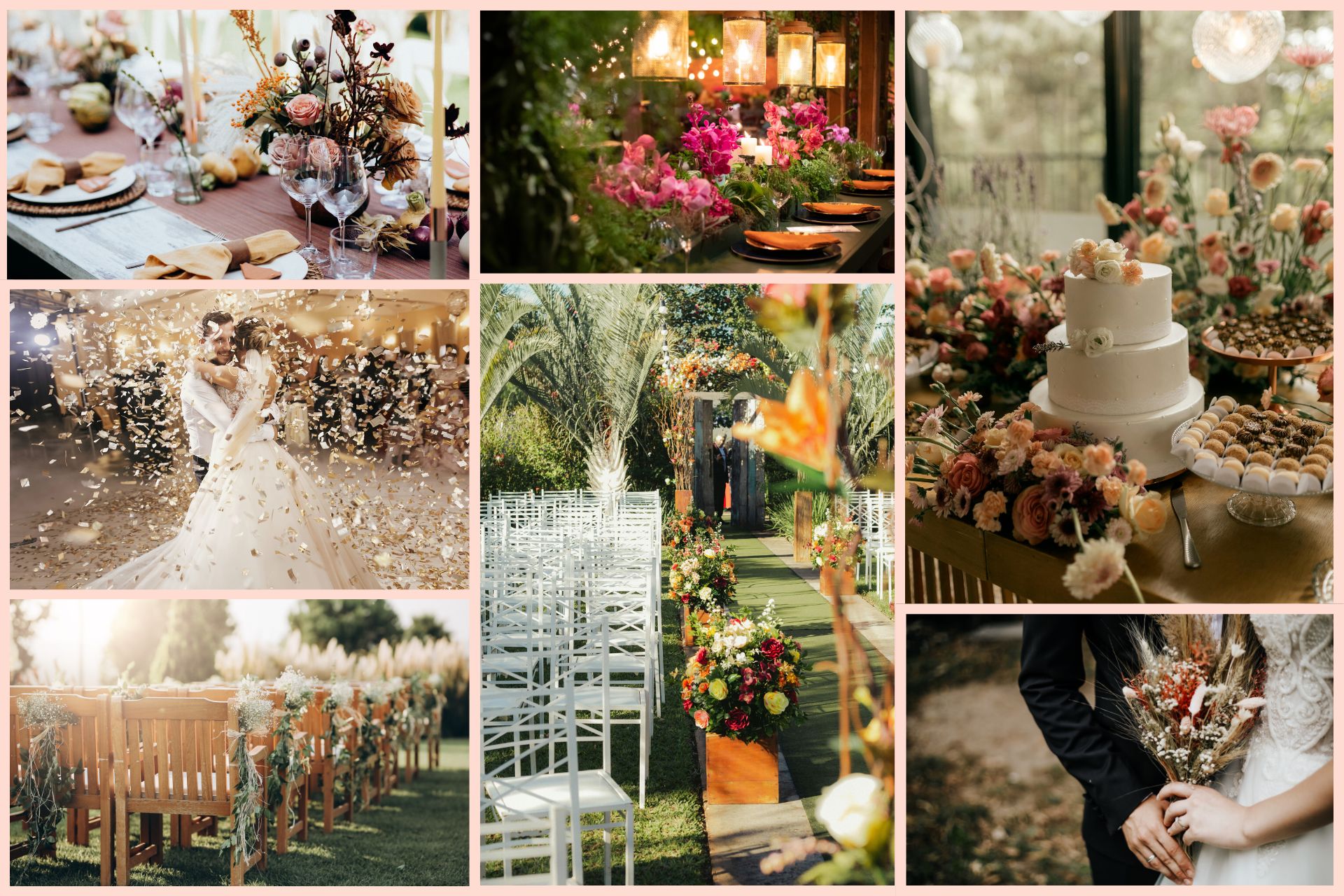 A collage-style mood board featuring wedding inspiration, including cakes, bridal dresses, decorations, and styling ideas arranged together