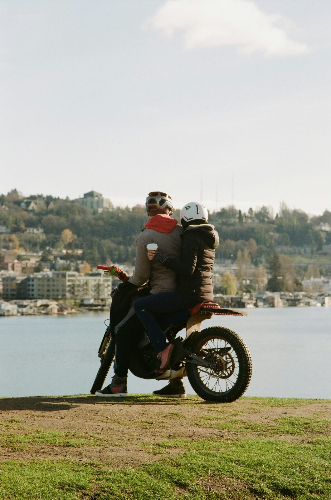 Washington couple on a fall day by Lake Union in Seattle, preparing to build their prenup
