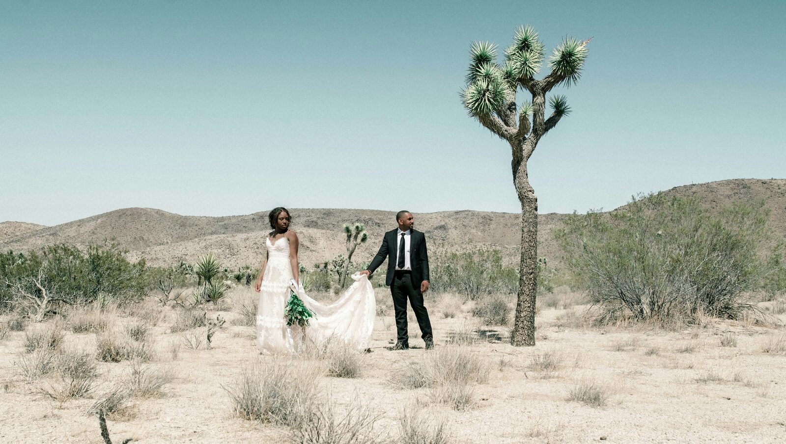Couple eloping among Joshua trees in the desert at sunset