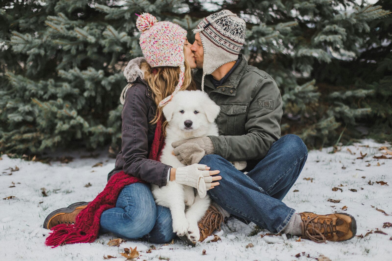 Minnesota couple kissing in the snow with their puppy at a Christmas tree farm