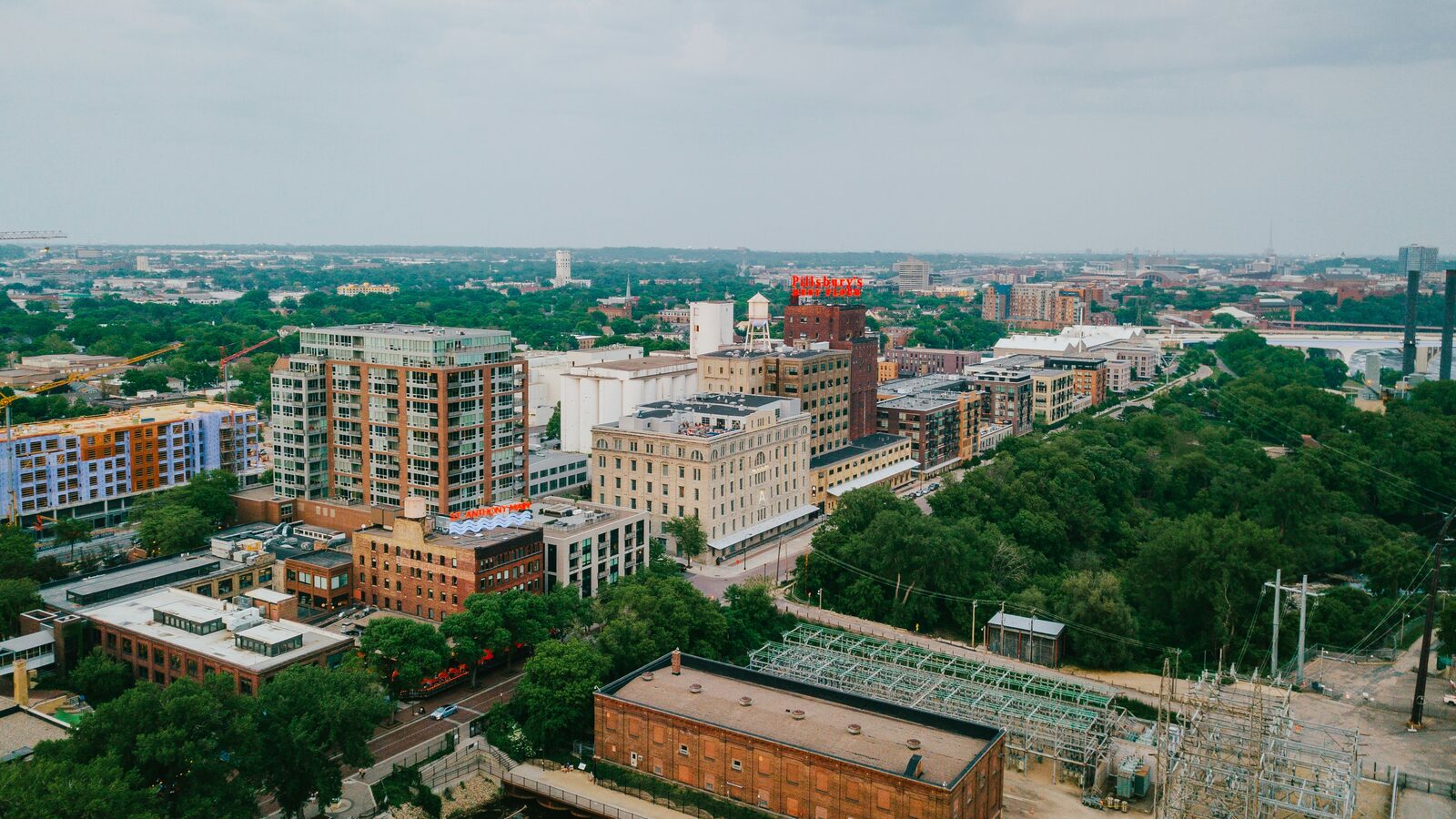 Aerial view of the Pillsbury A-Mill and the historic Mill District in Minneapolis, Minnesota