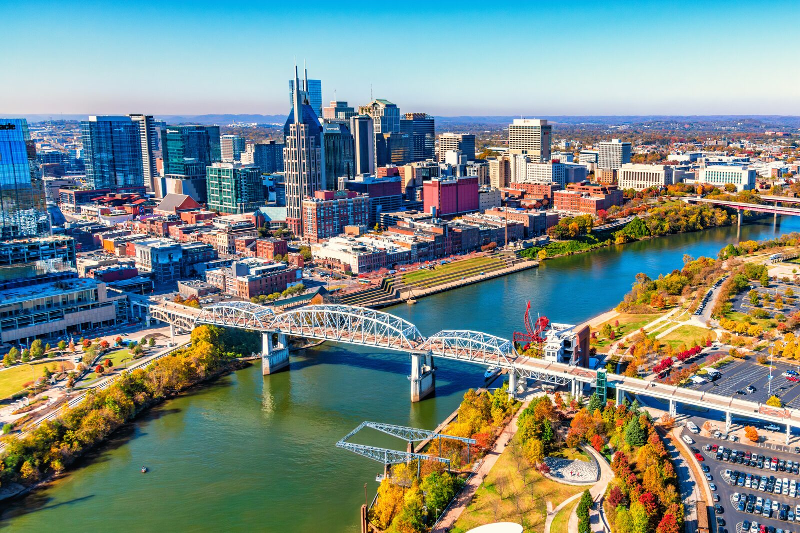 Aerial view of the downtown Nashville, Tennessee skyline along the Cumberland River in fall