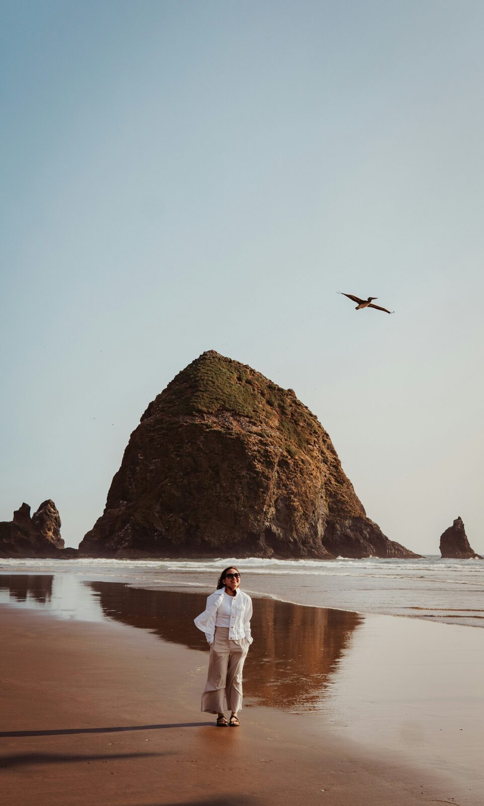 Woman walking the shoreline at Cannon Beach, Oregon, with a pelican flying past Haystack Rock